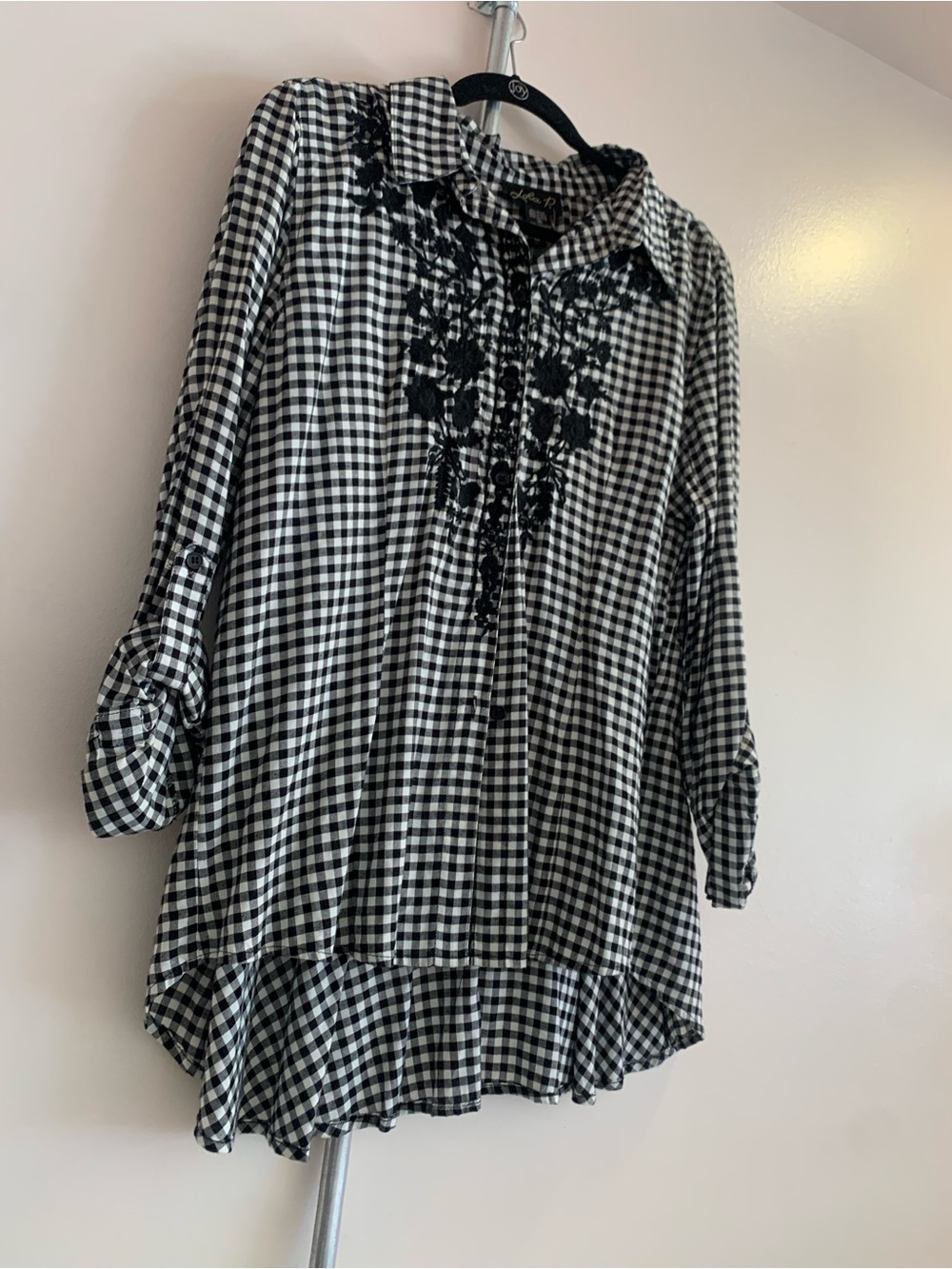lola Black & White Gingham Embroidered Button-Front Tunic